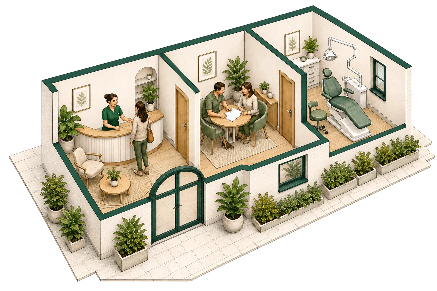 An illustrated dental clinic with a consultation and treatment room.