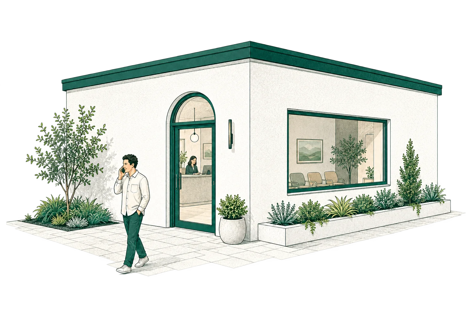 A patient speaking on the phone outside a green-doored clinic.