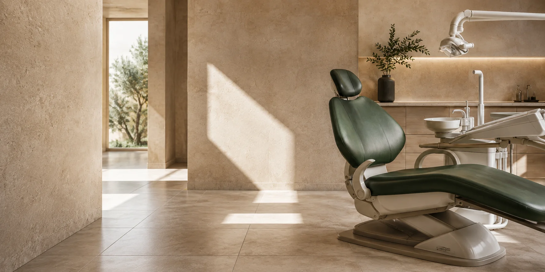 A green dental chair in a sunlit, warm-toned treatment room.