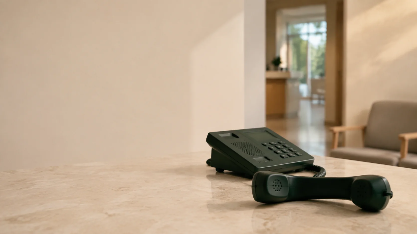 A green telephone at a quiet clinic reception, ready for a conversation.