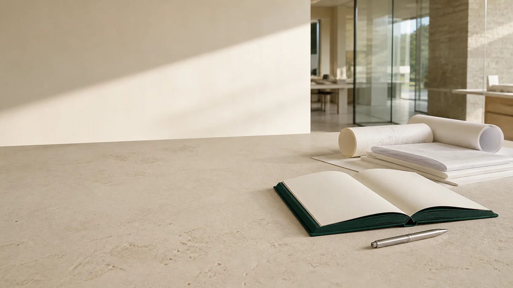 A green notebook and working plans on a sunlit studio table.