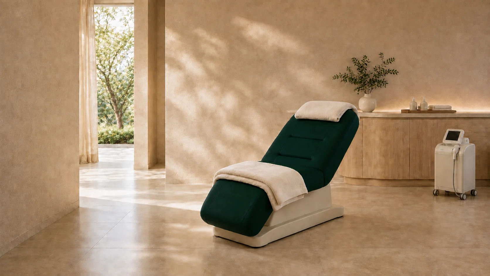 A quiet, warm-toned clinic room with a green treatment chair.