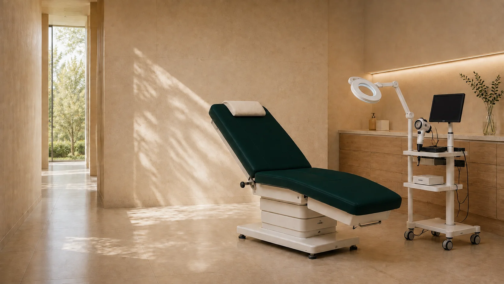 A green examination chair and magnifying lamp in a dermatology room.