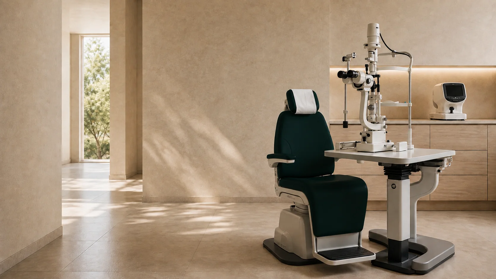 A precise clinical examination instrument in a warm, light room.
