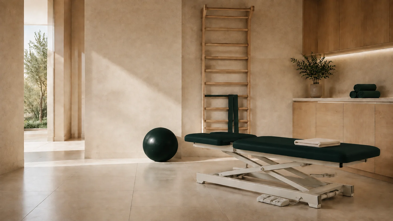 A green physiotherapy table with exercise equipment in a sunlit room.