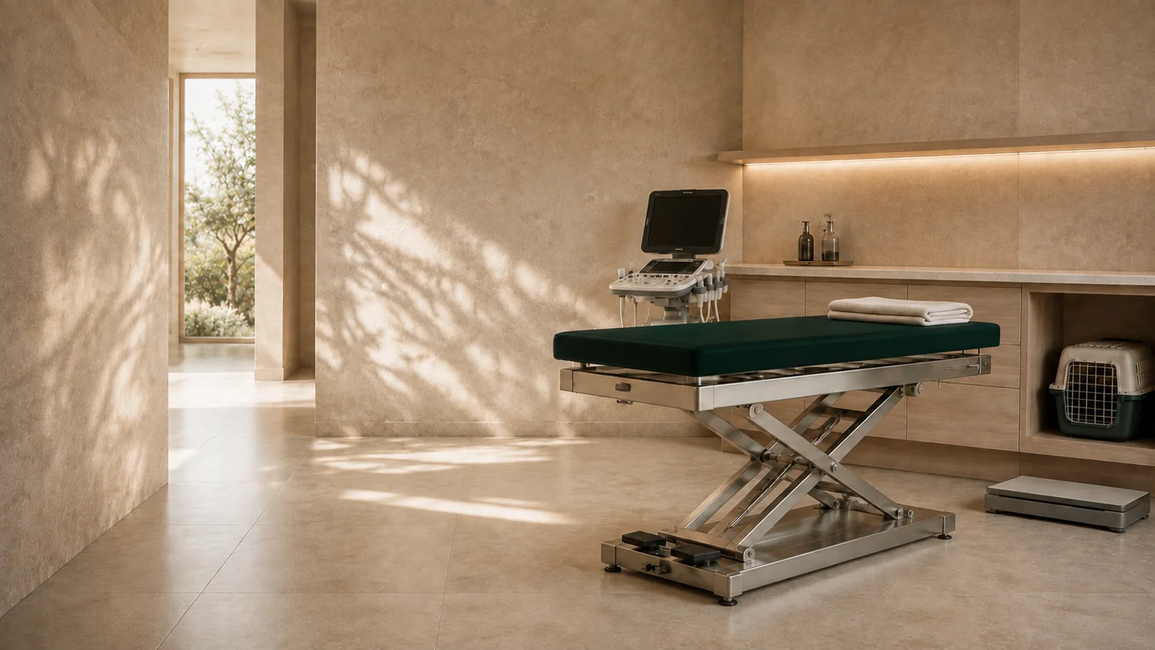A green examination table and pet carrier in a sunlit veterinary clinic.