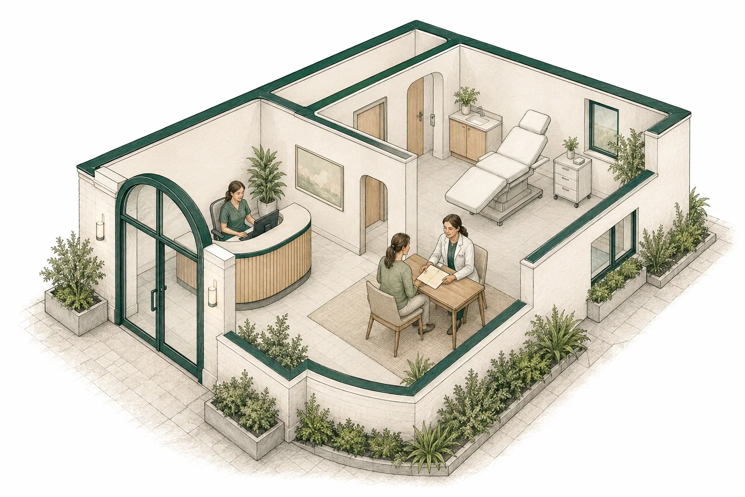 A patient and clinician discussing a plan in a medical aesthetics clinic.
