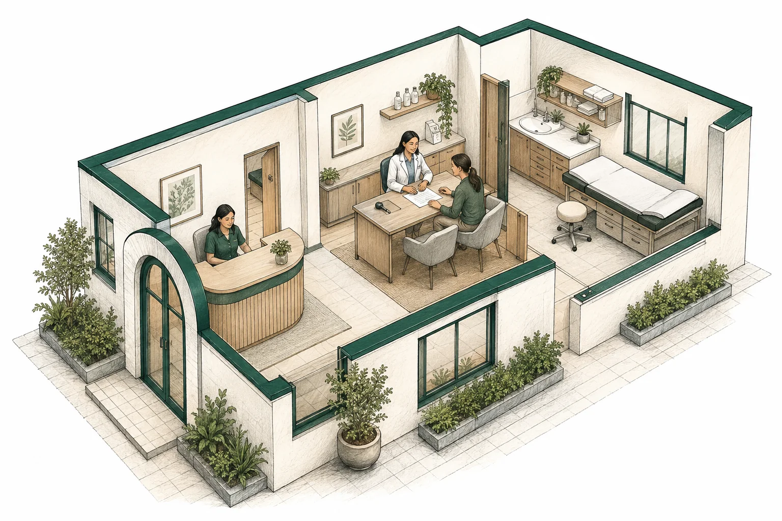 A dermatologist and patient discussing a care plan beside an examination room.