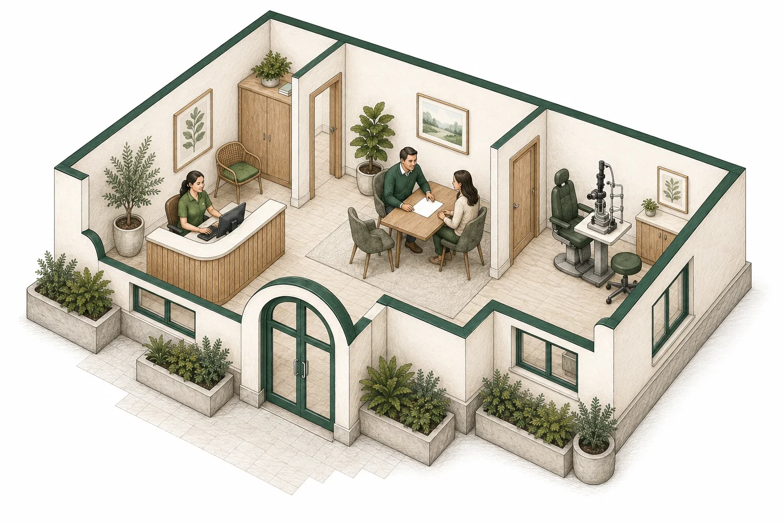 An eye care consultation in an illustrated clinic with slit-lamp equipment.