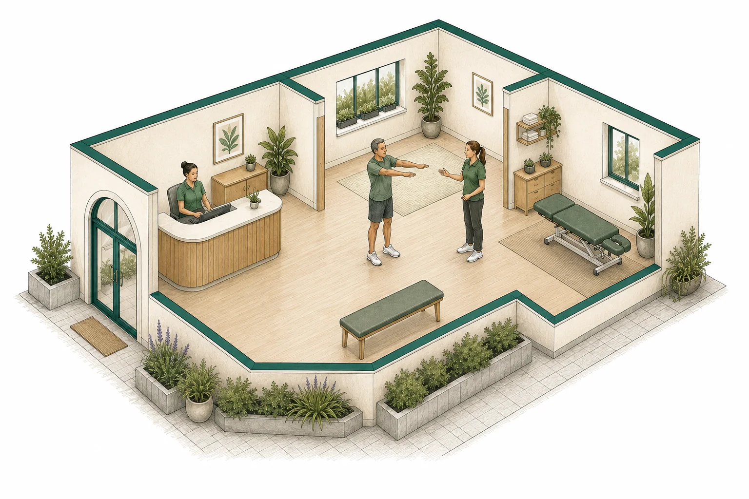 A physiotherapist assessing a patient in a clinic with a treatment table.