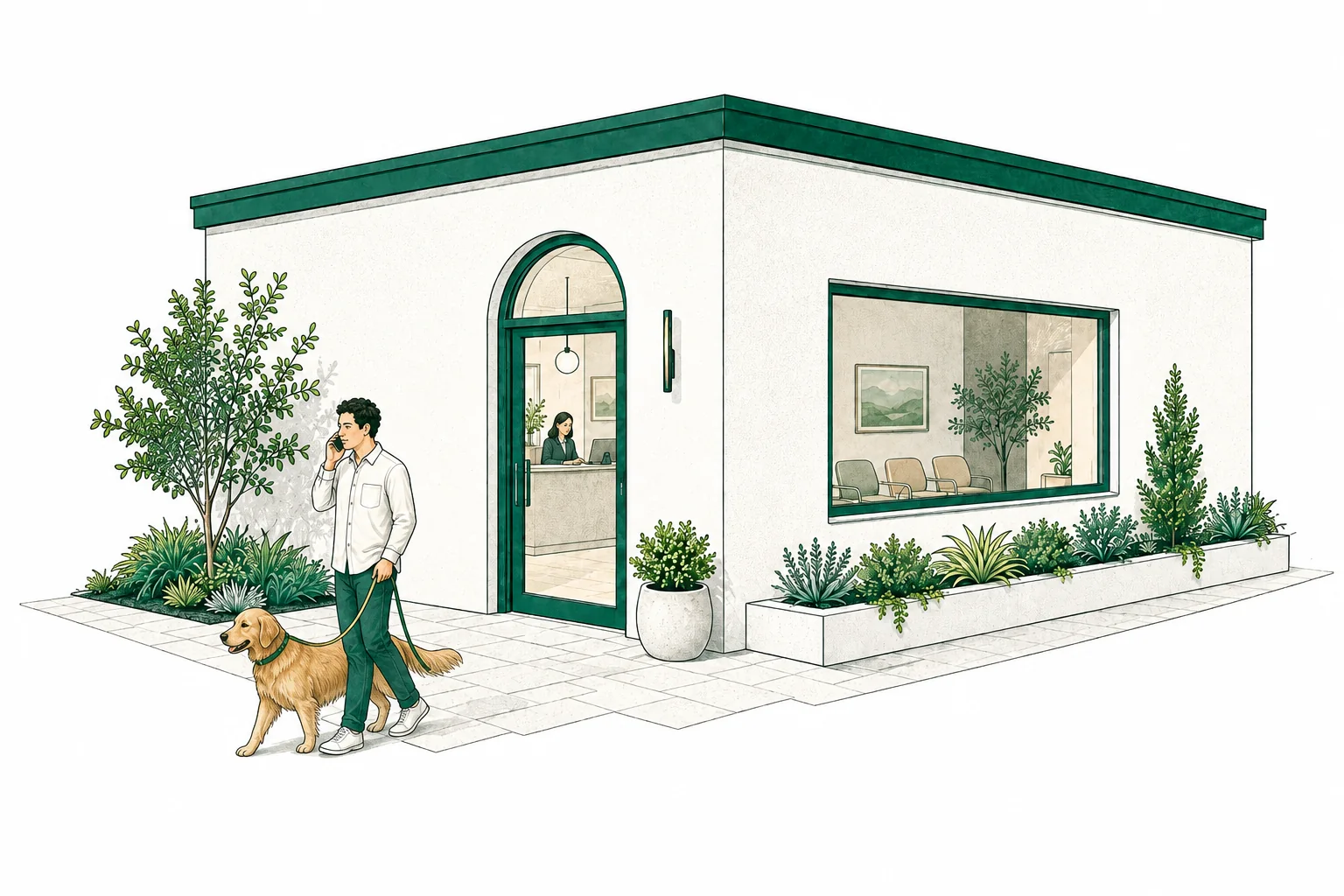 A pet owner speaking on the phone while walking their golden retriever outside the veterinary clinic.