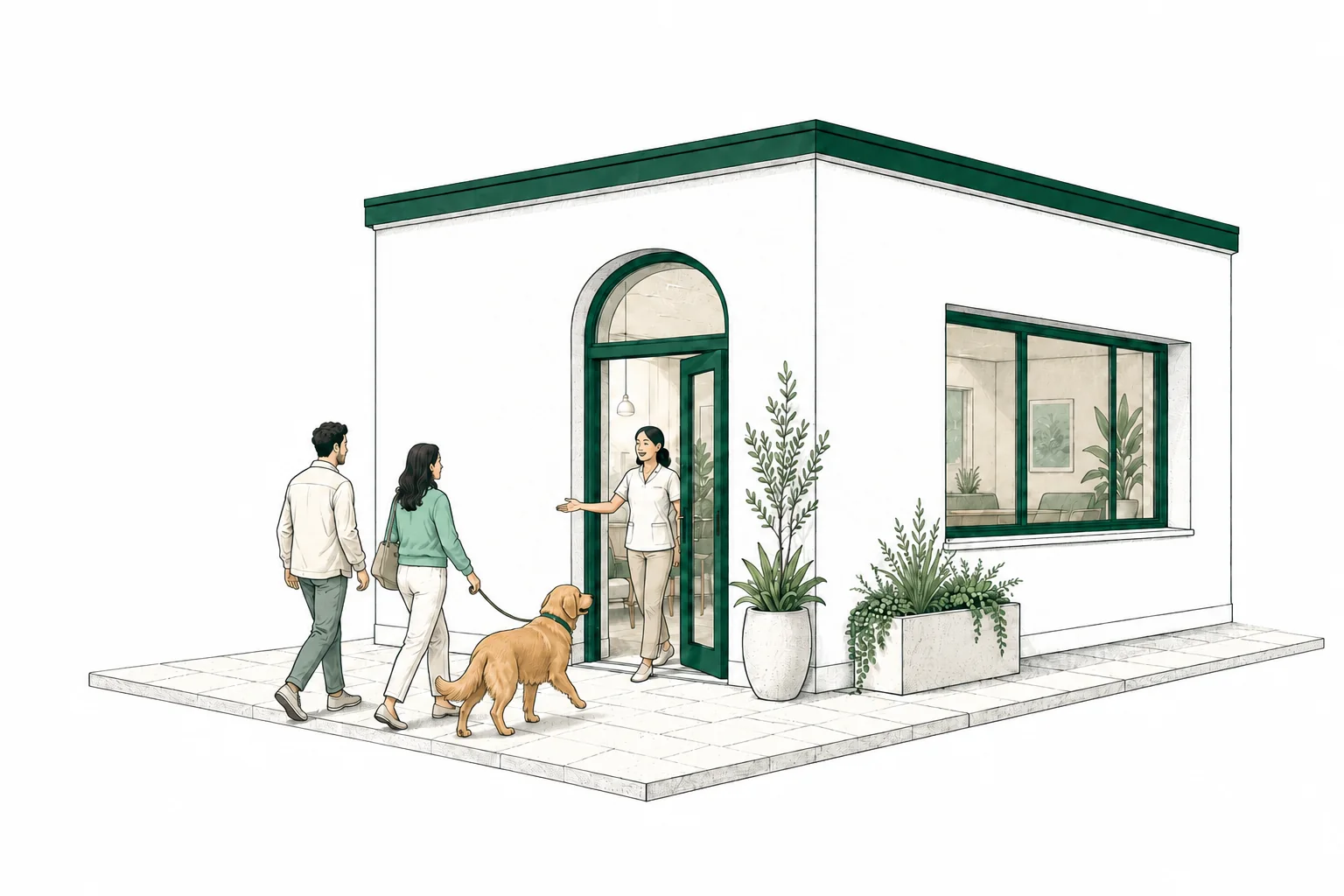 A couple walking their golden retriever back to the veterinary clinic, where a vet welcomes them at the door.