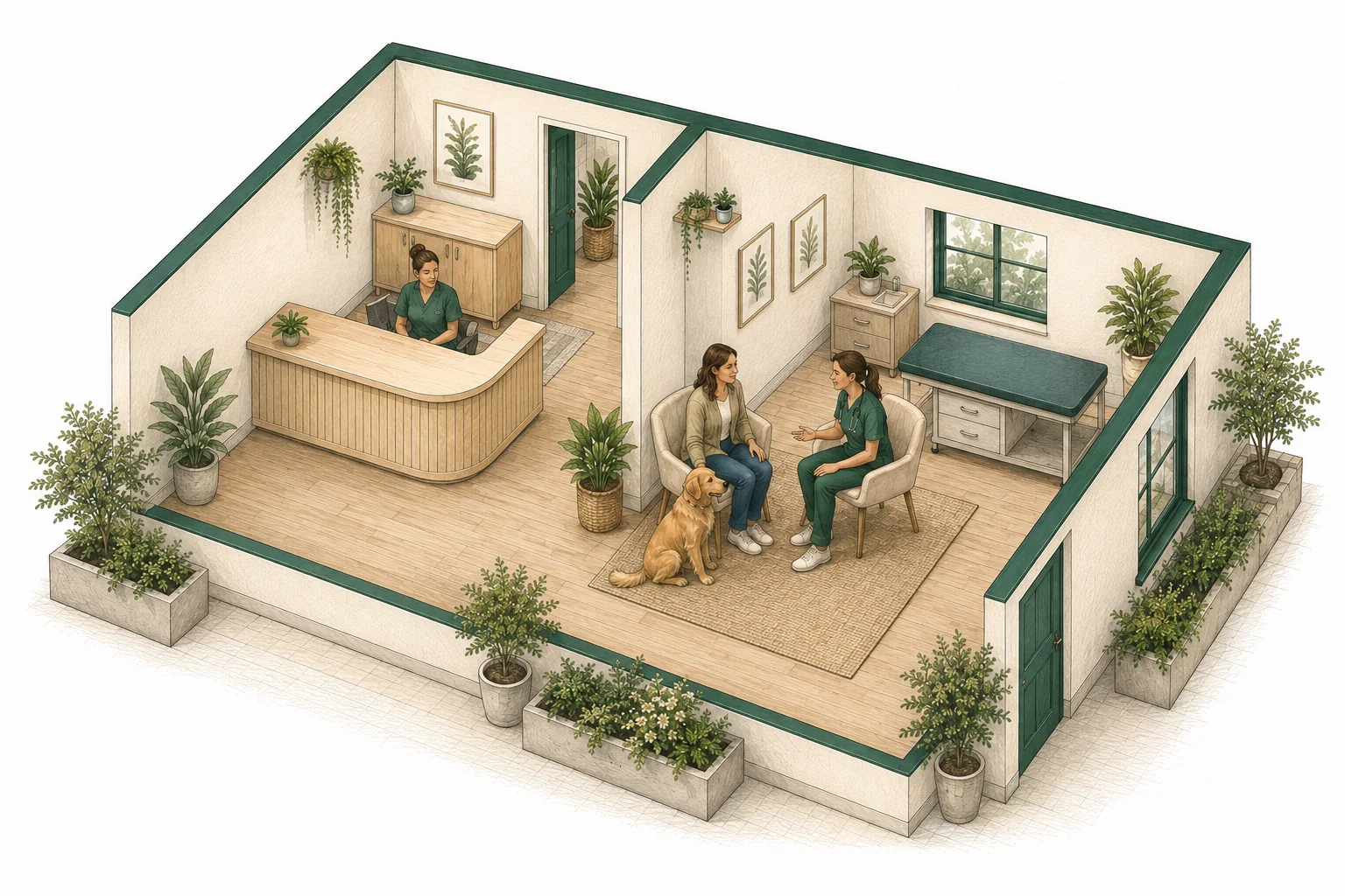 An owner and their dog meeting the veterinary team in a clinic.